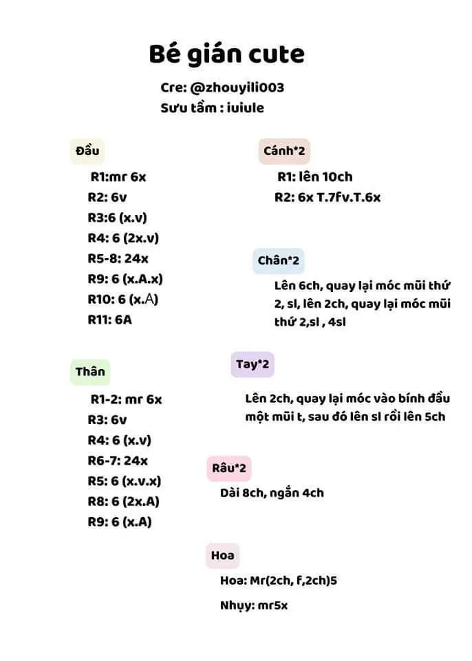 Chart móc len Búp bê gián cute màu nâu vàng cầm hoa đỏ