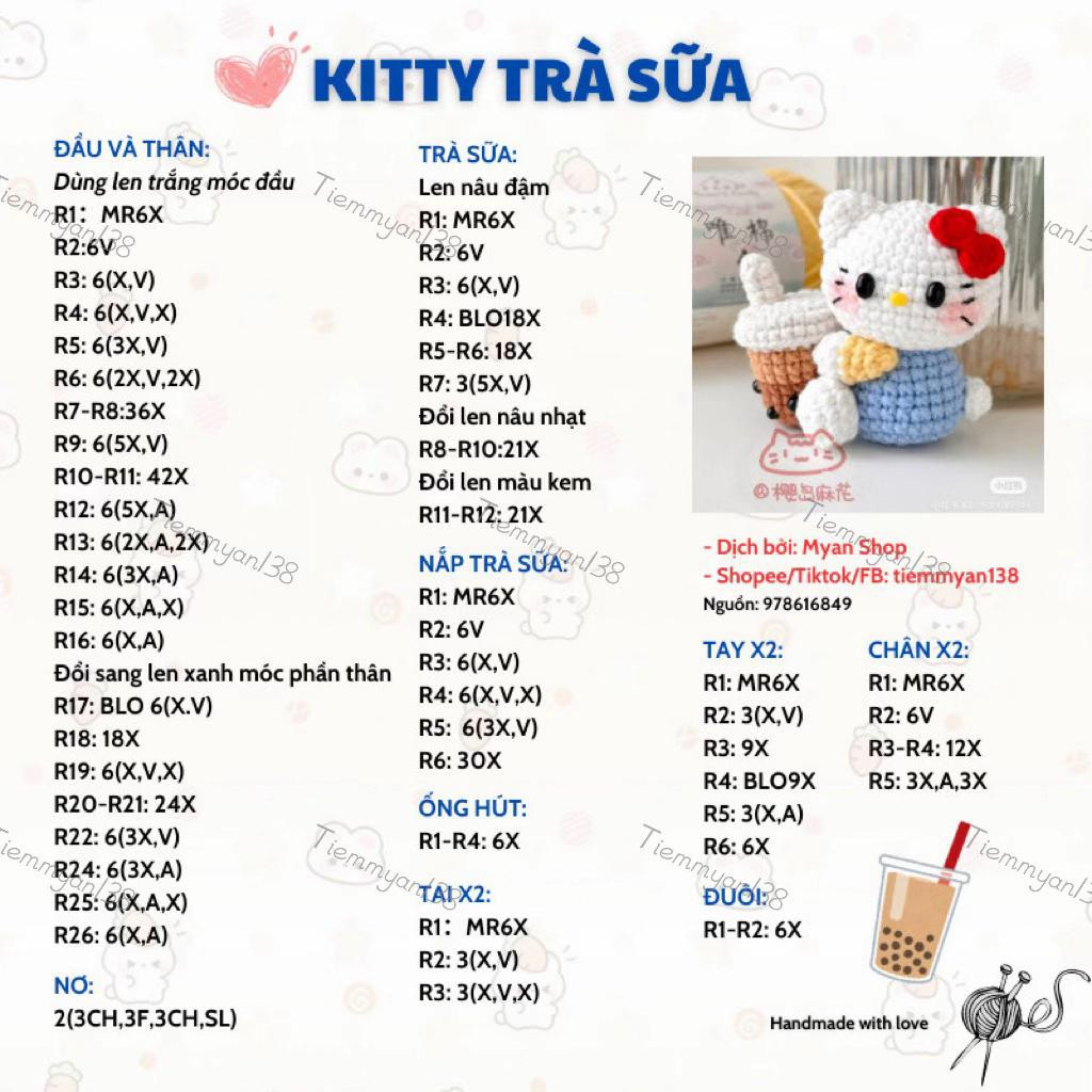 Chart móc len búp bê Hello Kitty ôm ly trà sữa trân châu