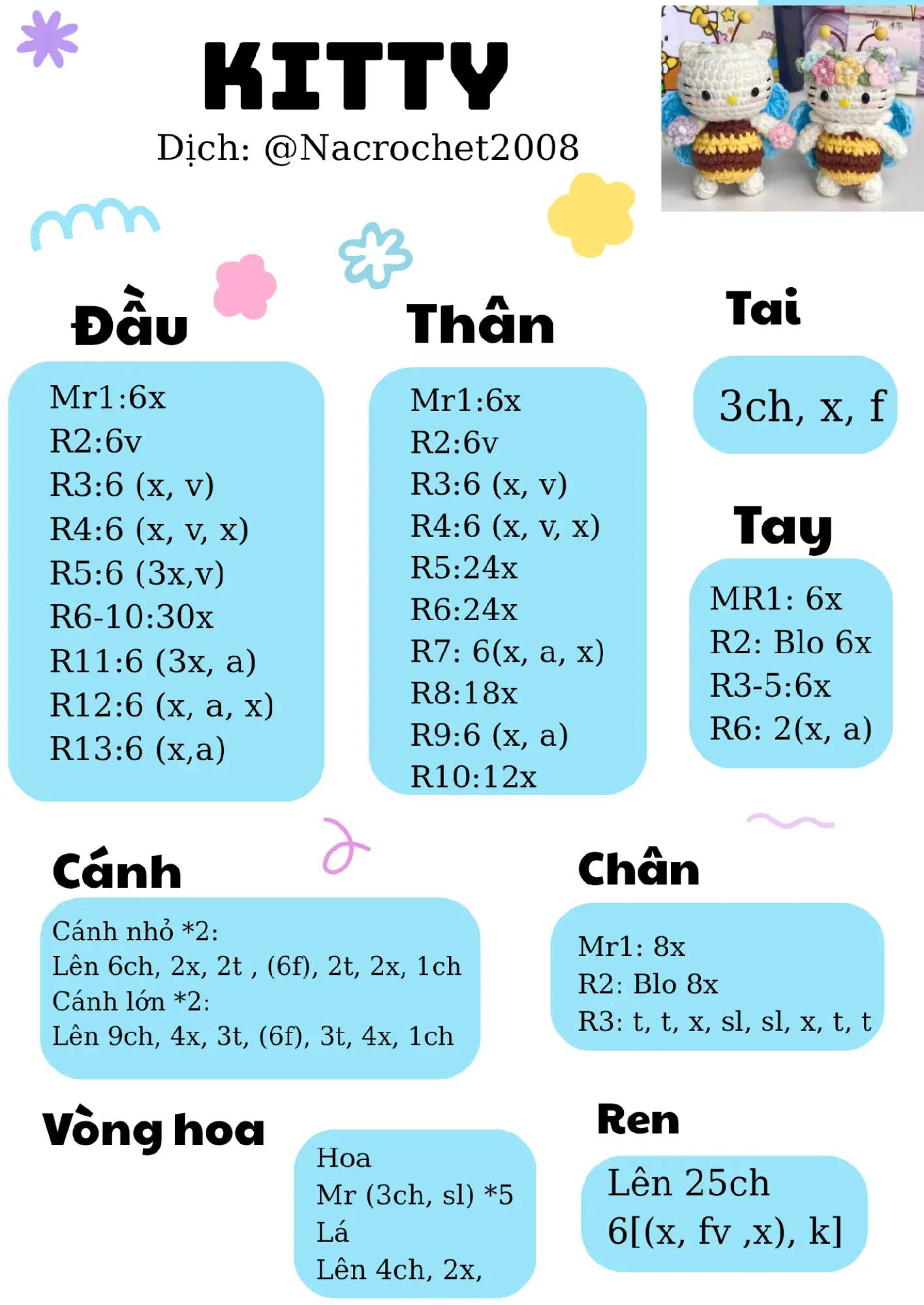 Chart móc len búp bê Hello Kitty ong mật dễ thương