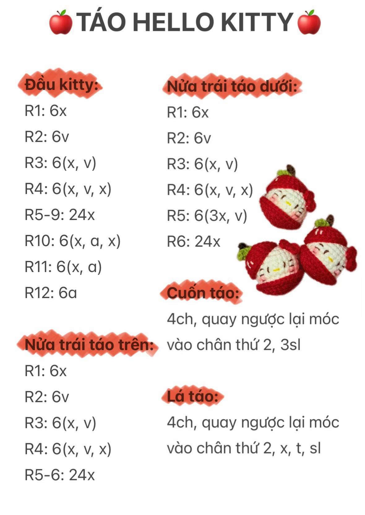 Chart Móc Len Búp bê Hello Kitty Táo Xinh Dịu