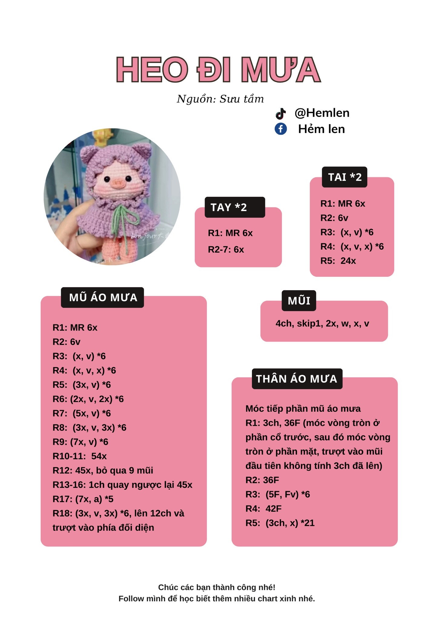 Chart móc len búp bê Heo đi mưa màu tím và xanh