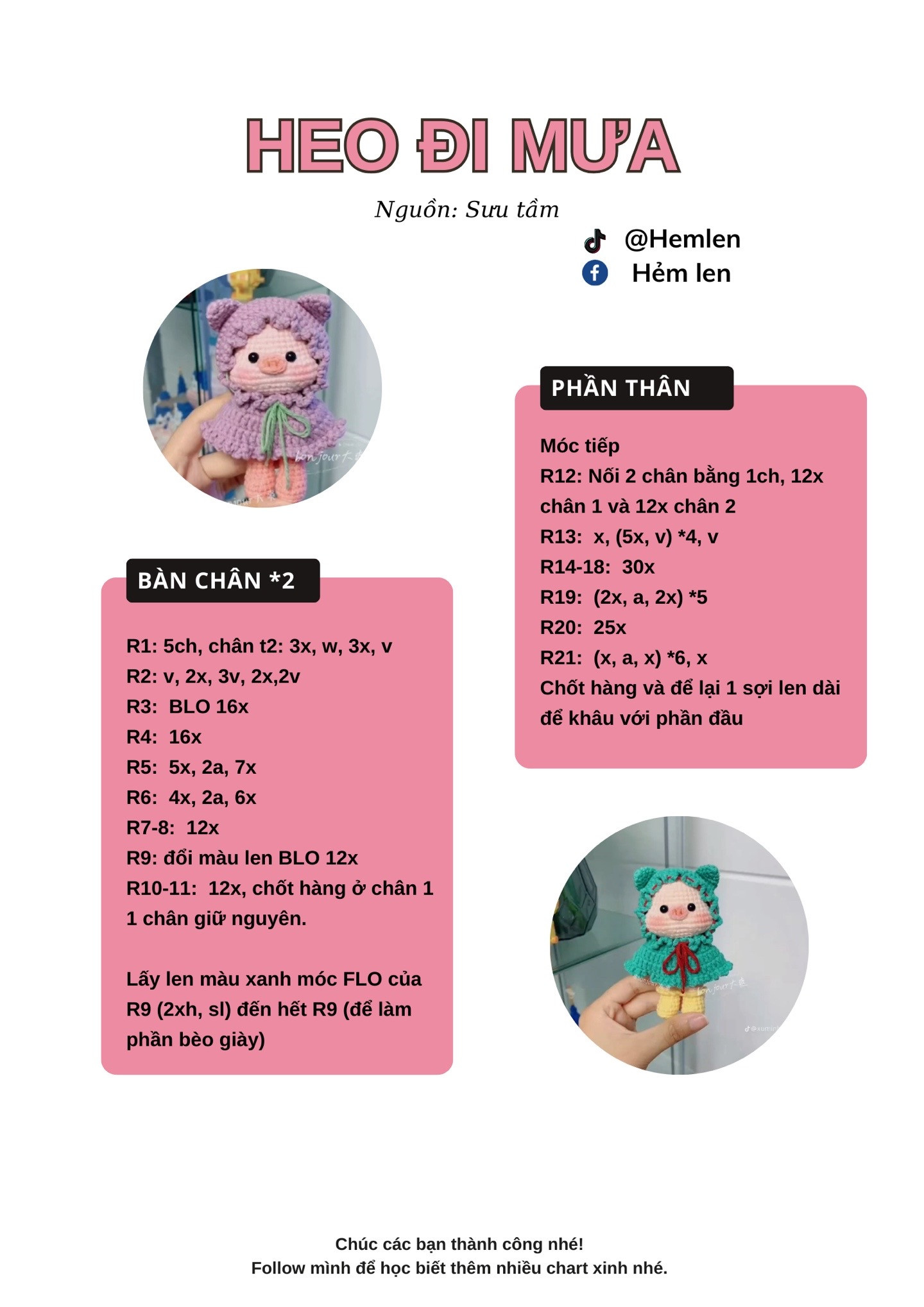 Chart móc len búp bê Heo đi mưa màu tím và xanh