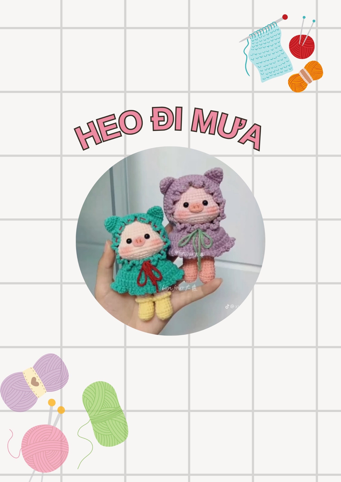 Chart móc len búp bê Heo đi mưa màu tím và xanh