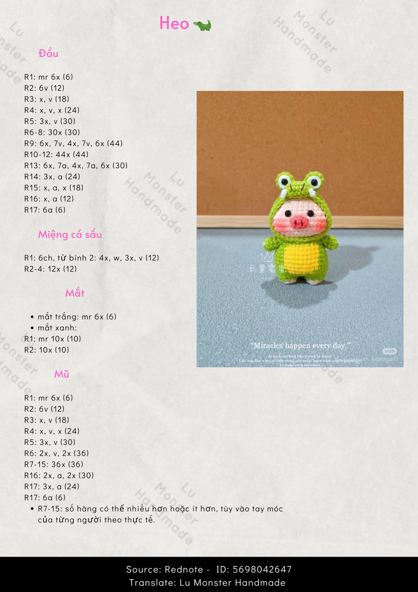 Chart móc len búp bê Heo mặc đồ Cá Sấu xanh