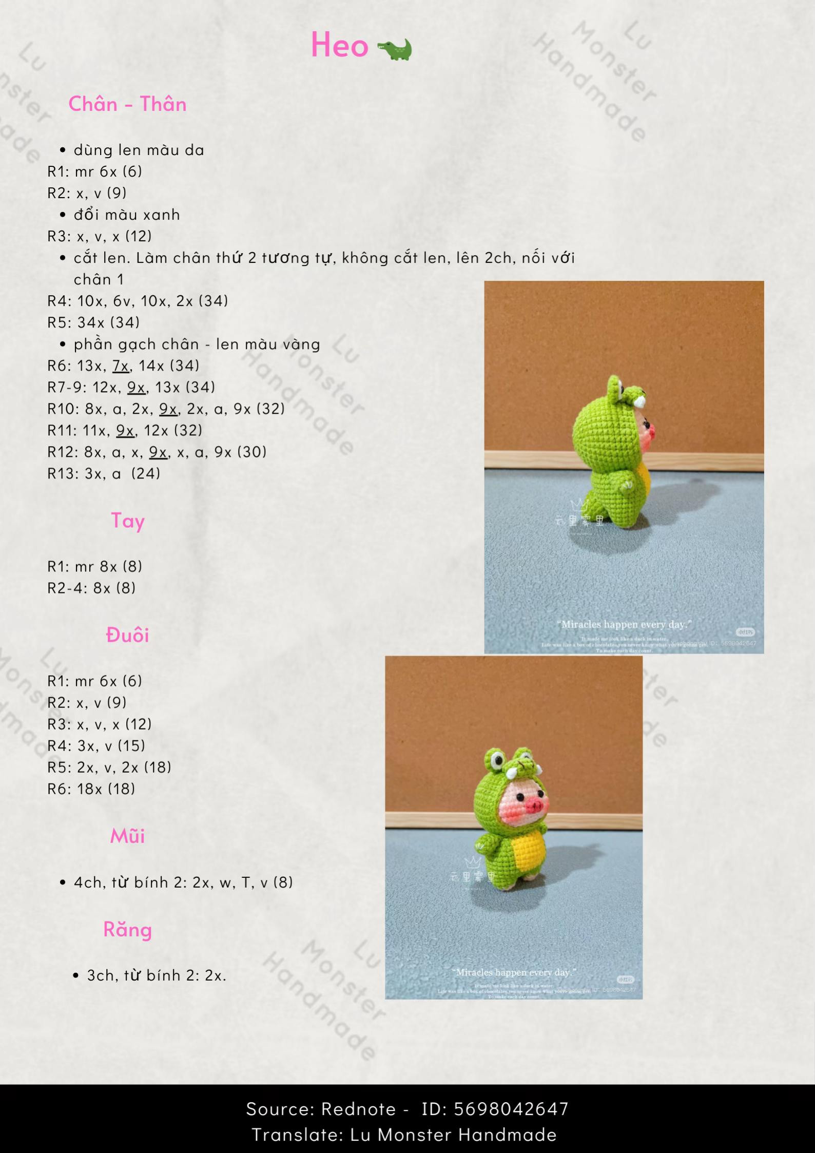 Chart móc len búp bê Heo mặc đồ Cá Sấu xanh