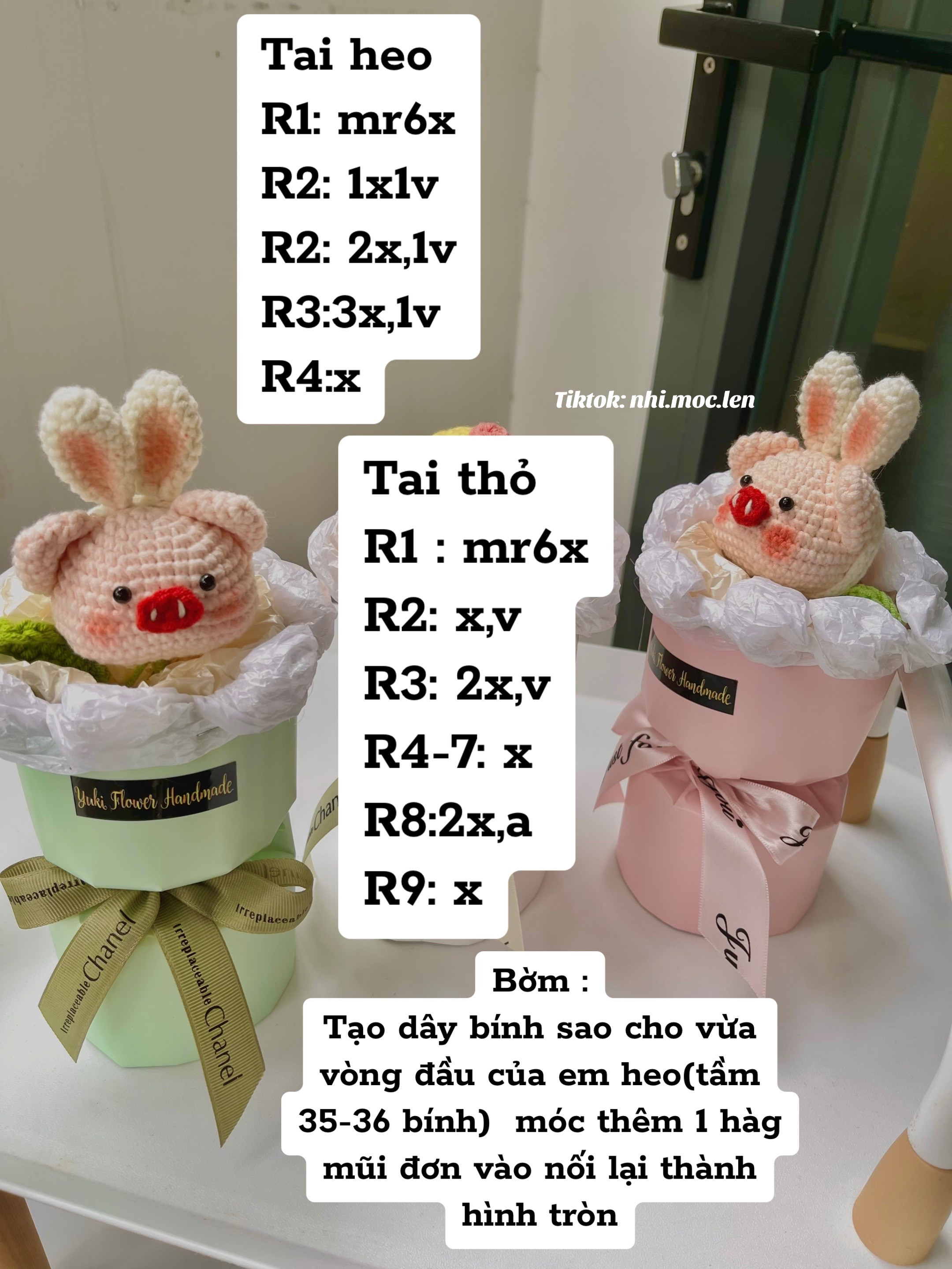 Chart móc len búp bê heo tai thỏ dễ thương màu hồng