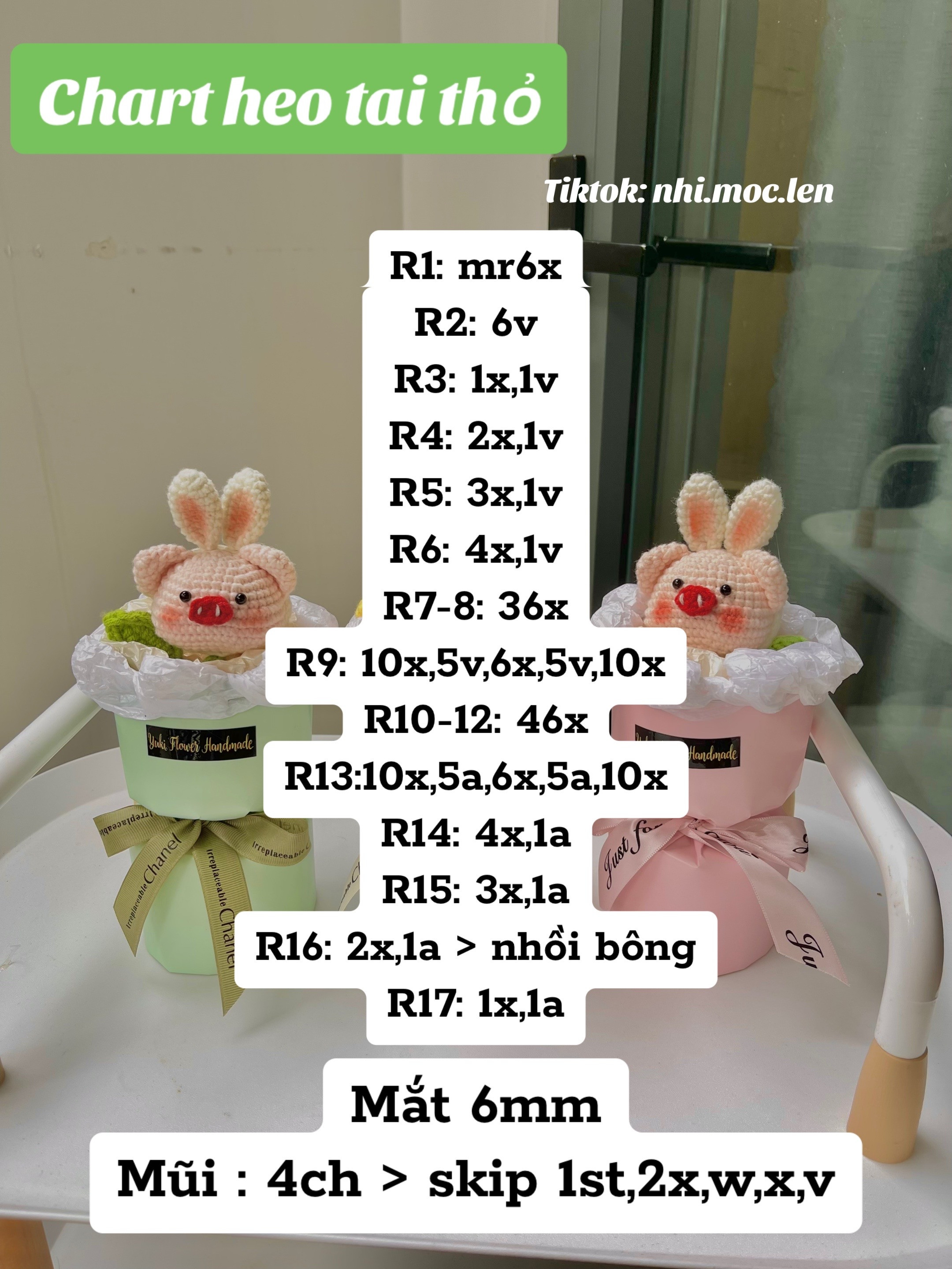 Chart móc len búp bê heo tai thỏ dễ thương màu hồng