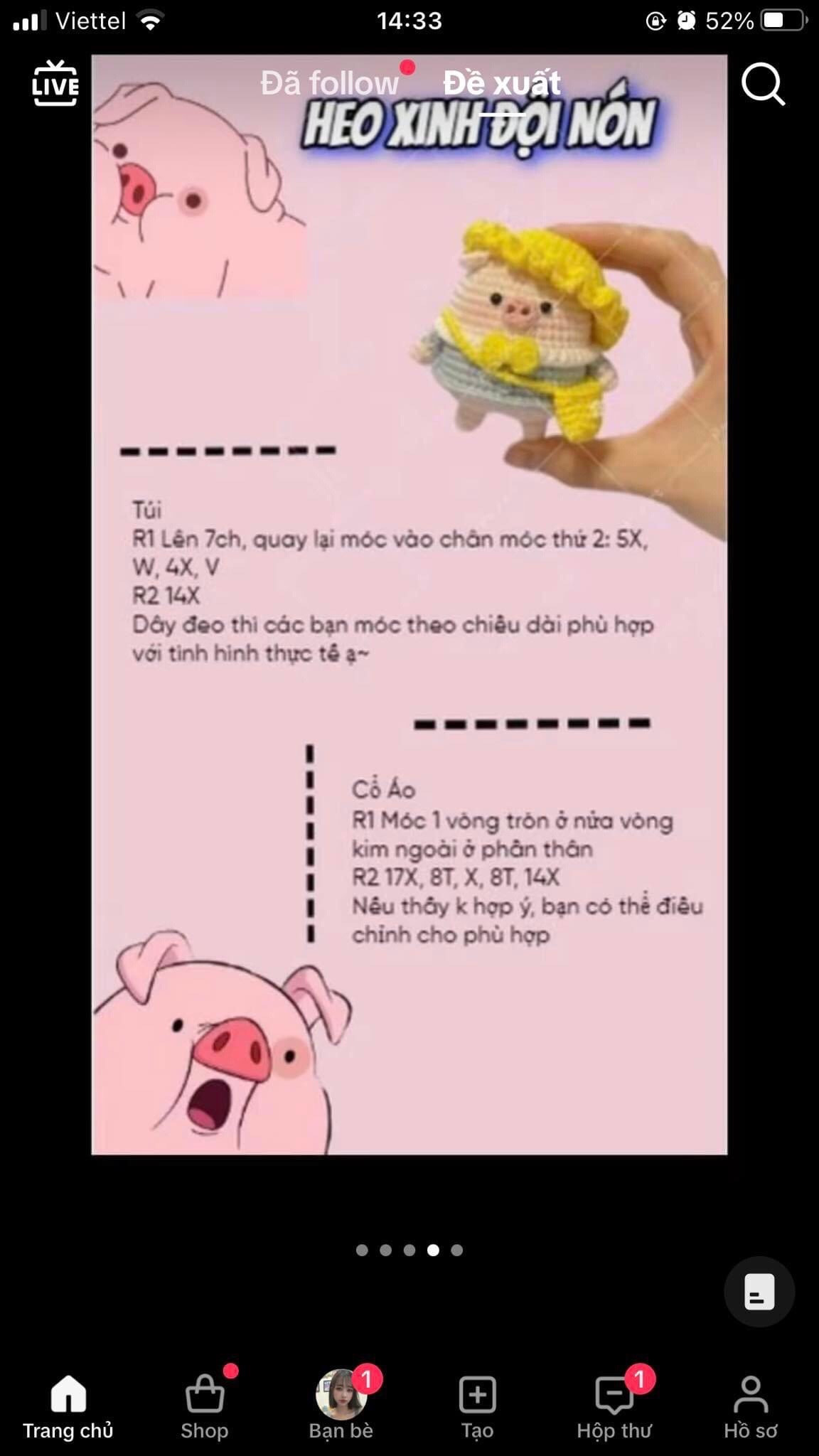 Chart móc len búp bê Heo Xinh đội nón màu hồng dễ thương