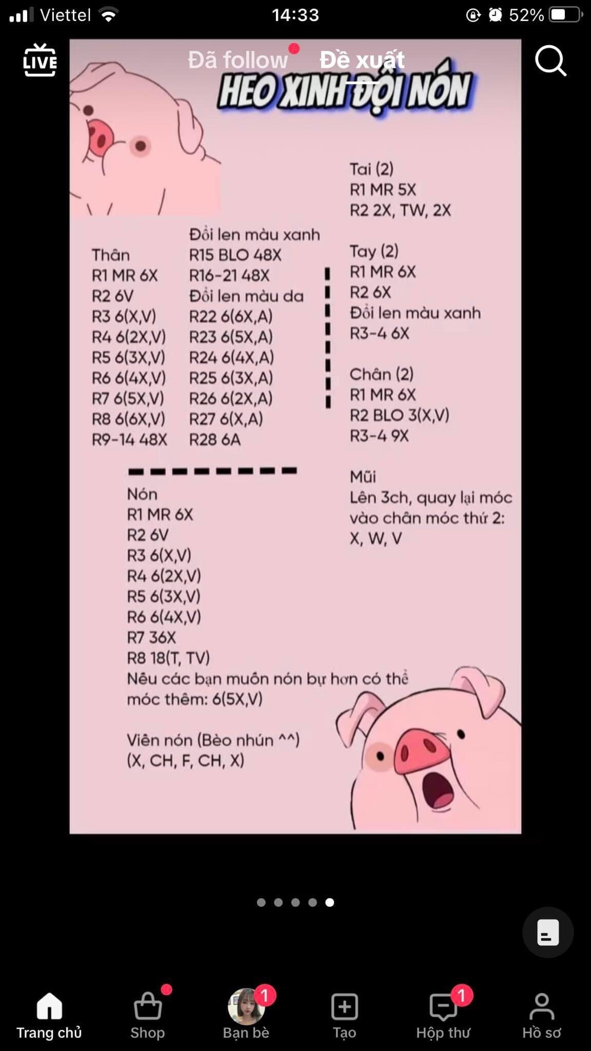 Chart móc len búp bê Heo Xinh đội nón màu hồng dễ thương