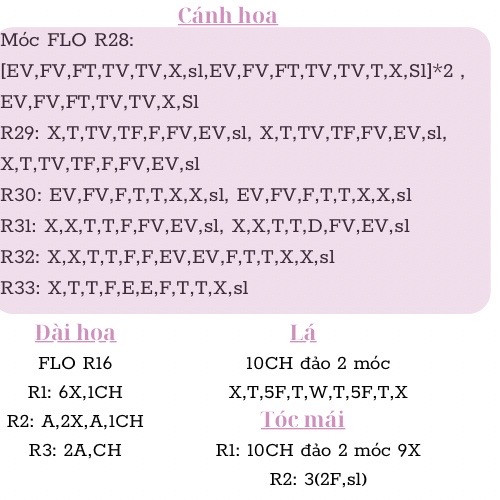 Chart Móc Len Búp bê Hoa Hồng Amigurumi Dễ Thương