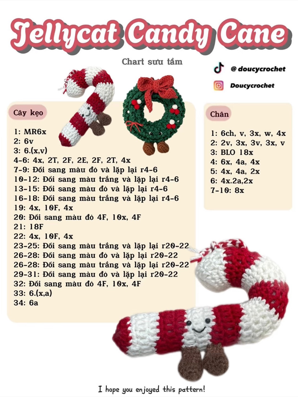 Chart móc len búp bê kẹo gậy Jellycat Noel