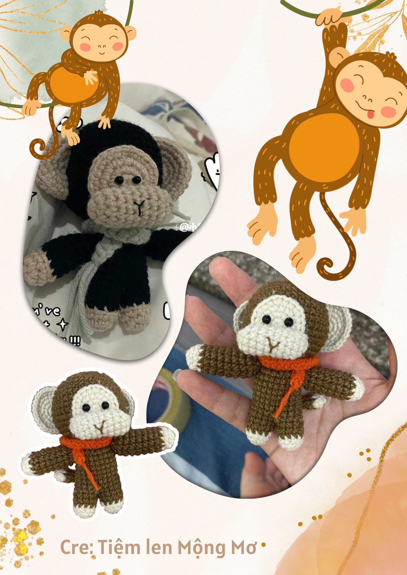 Chart móc len búp bê khỉ quàng khăn dễ thương