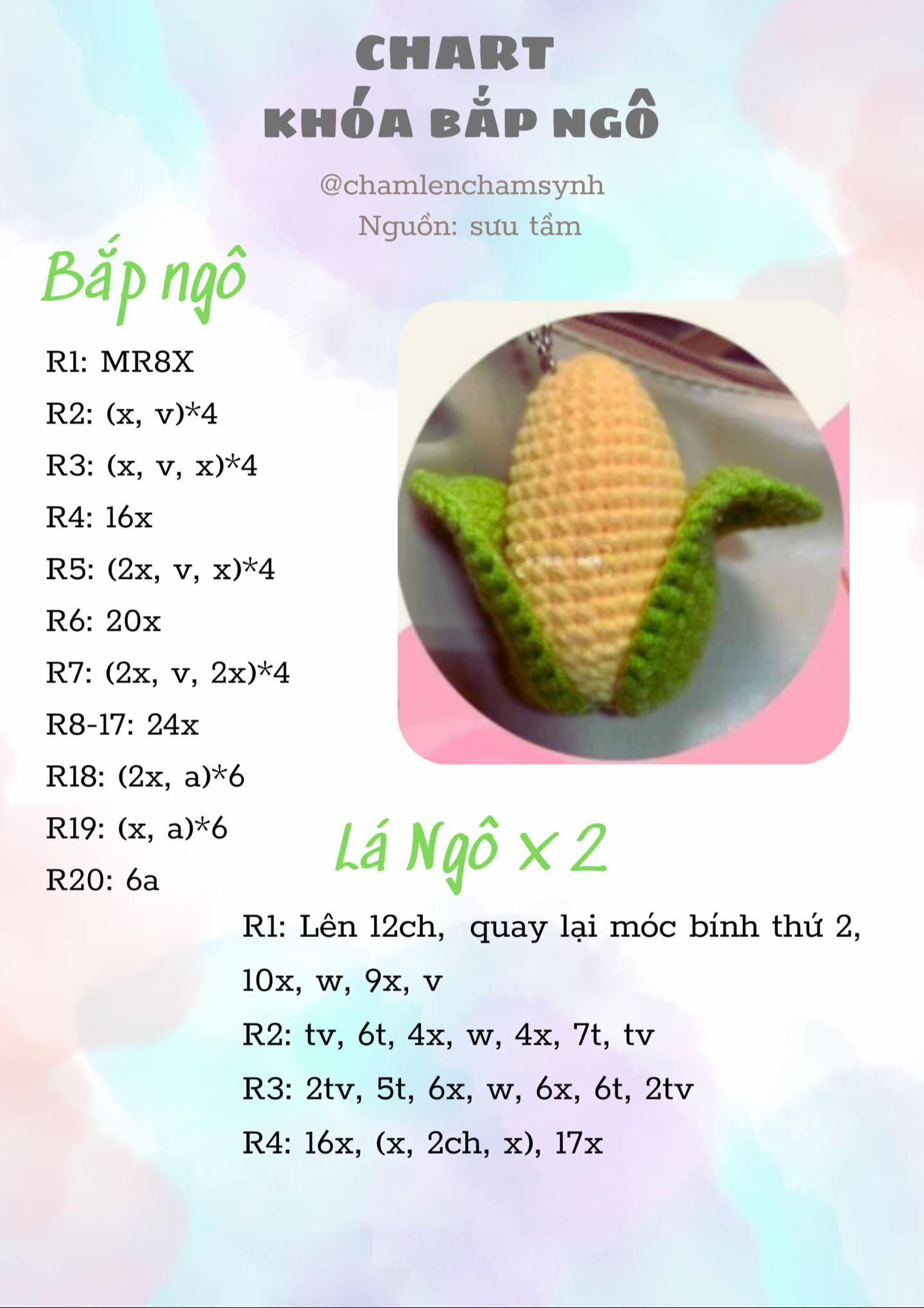 Chart móc len Búp bê Khủng long và Khóa Bắp ngô dễ thương