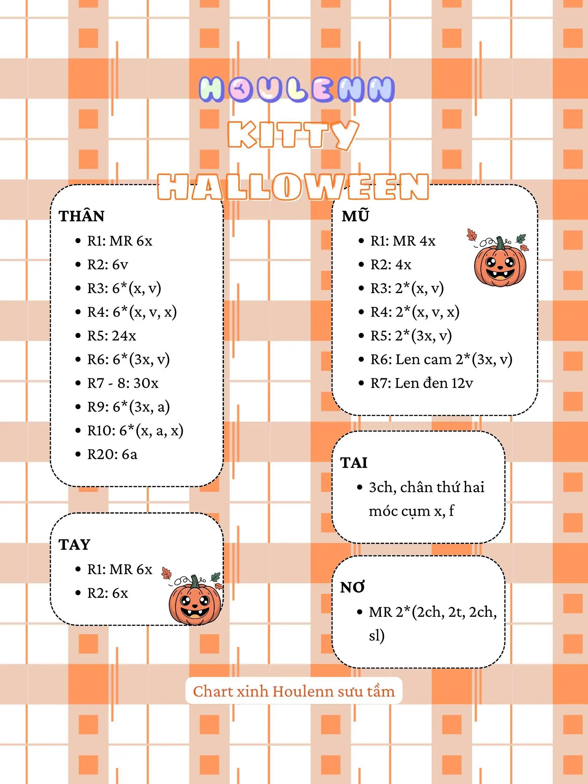 Chart móc len búp bê Kitty Halloween ngồi trên bí ngô