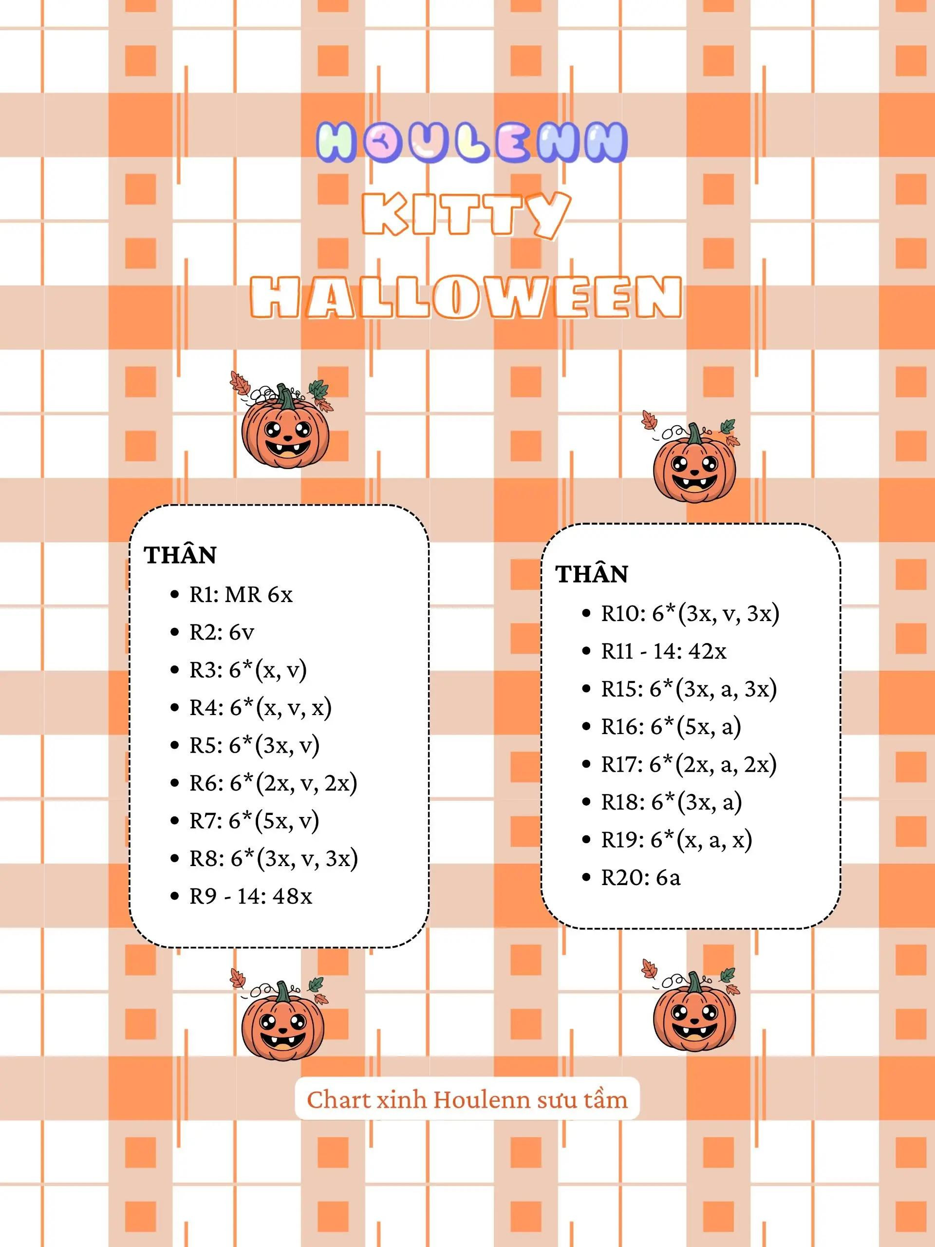 Chart móc len búp bê Kitty Halloween ngồi trên bí ngô