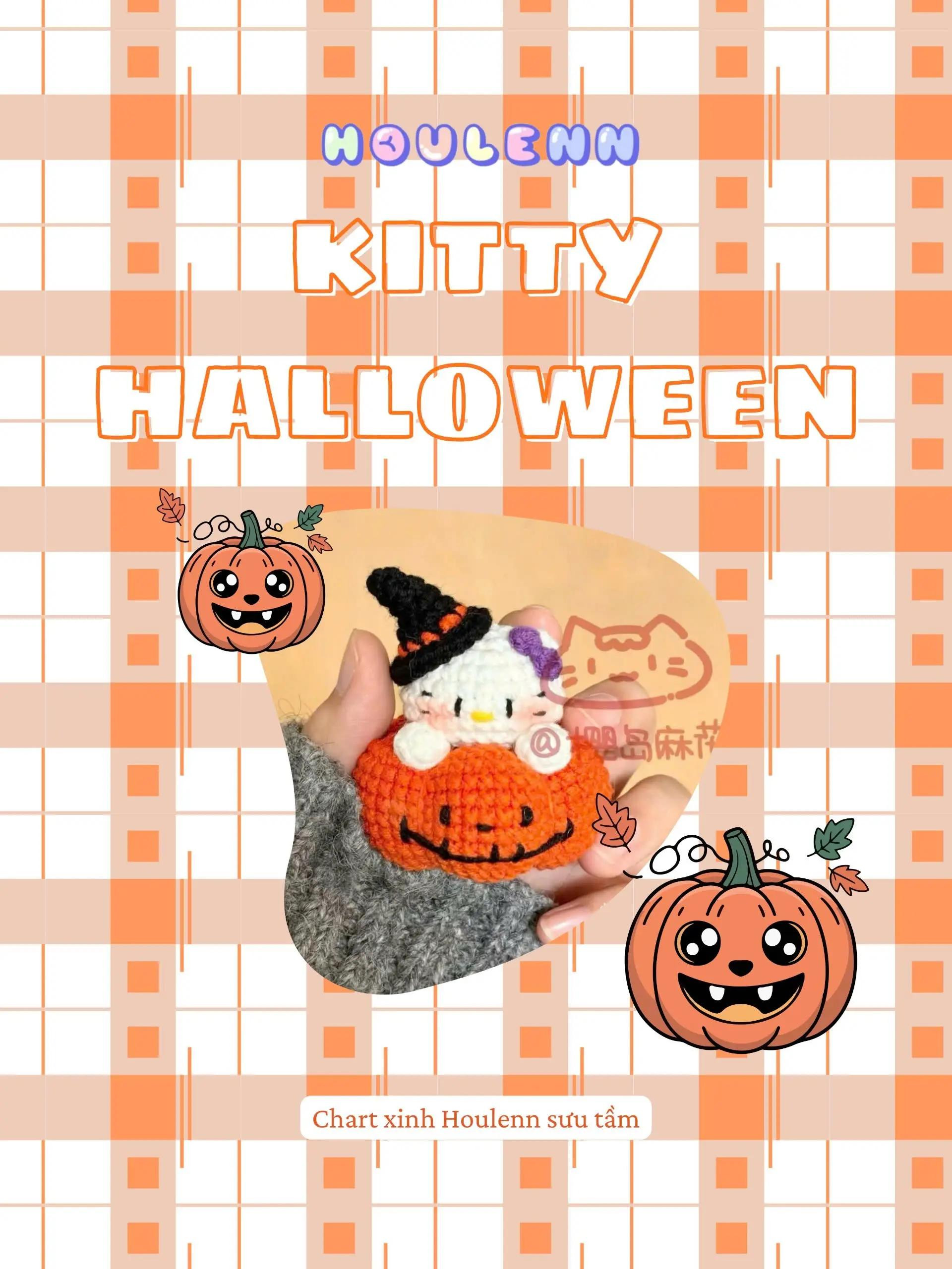 Chart móc len búp bê Kitty Halloween ngồi trên bí ngô