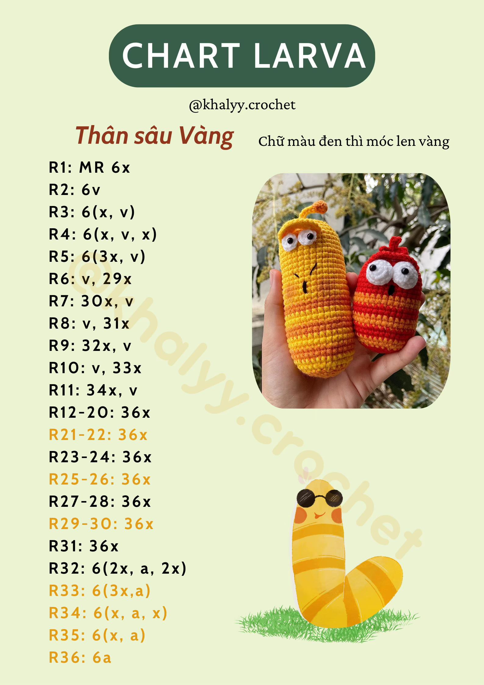 Chart móc len búp bê Larva, hướng dẫn chi tiết thân và mắt