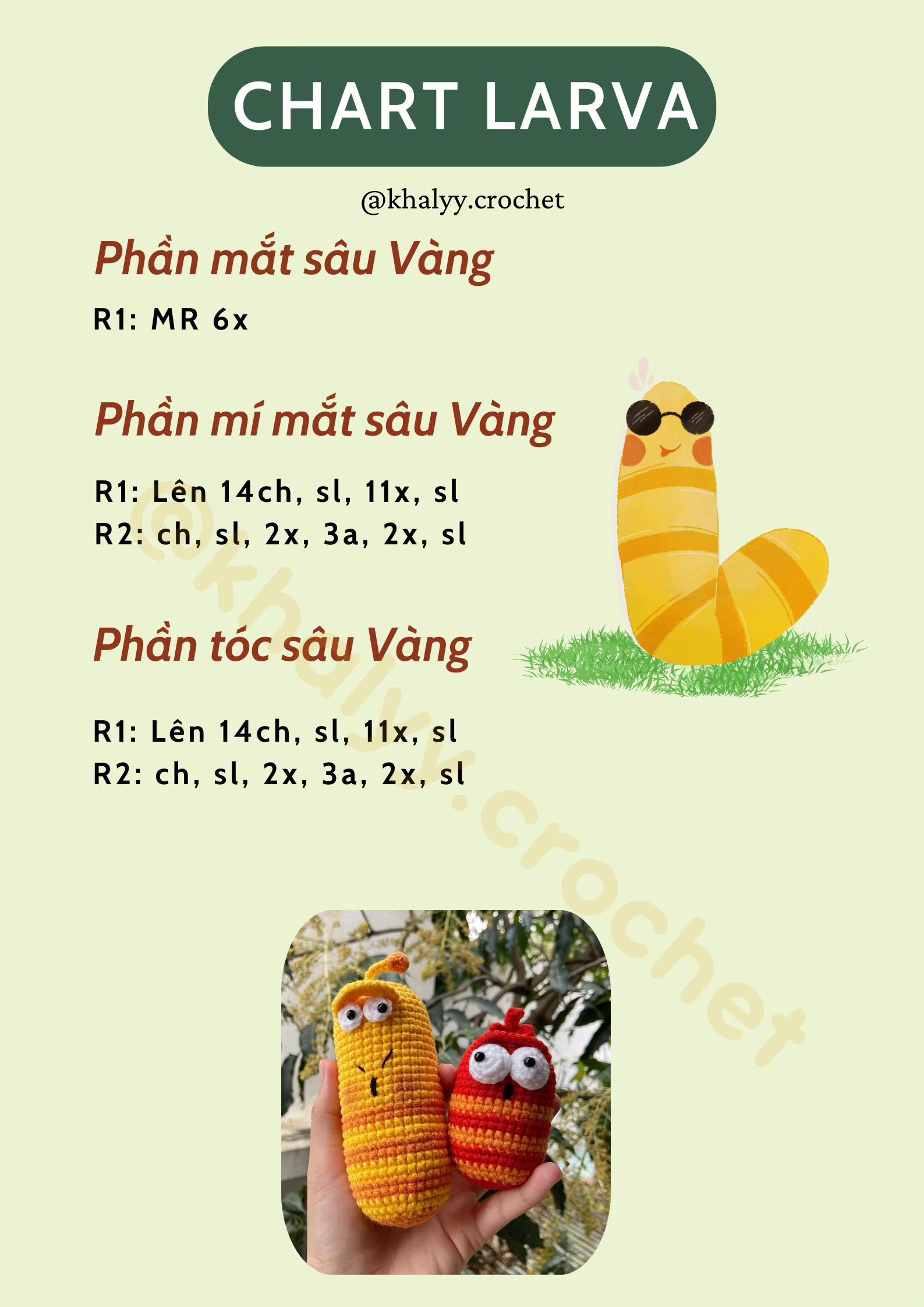 Chart móc len búp bê Larva, hướng dẫn chi tiết thân và mắt
