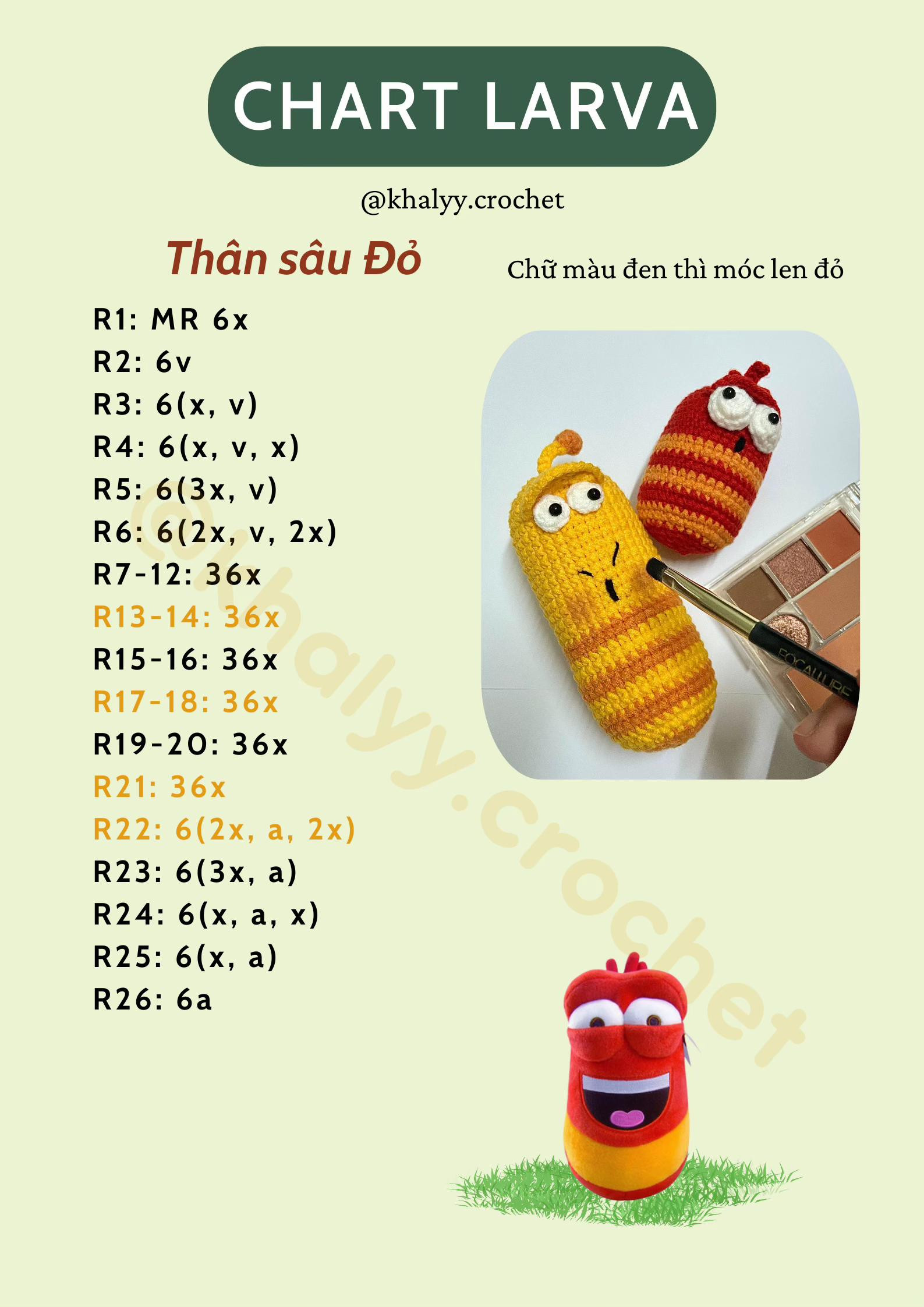 Chart móc len búp bê Larva, hướng dẫn chi tiết thân và mắt
