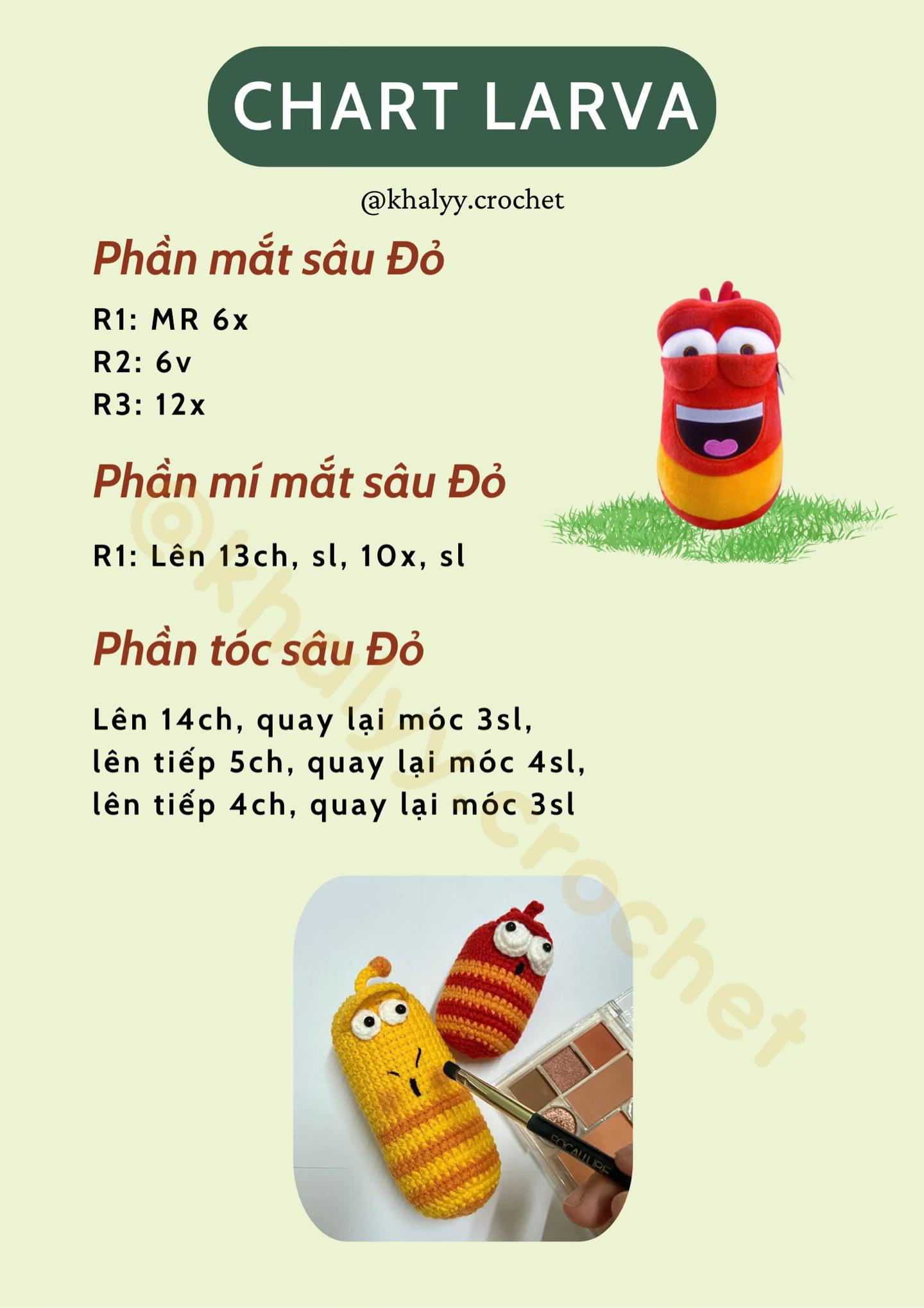 Chart móc len búp bê Larva, hướng dẫn chi tiết thân và mắt