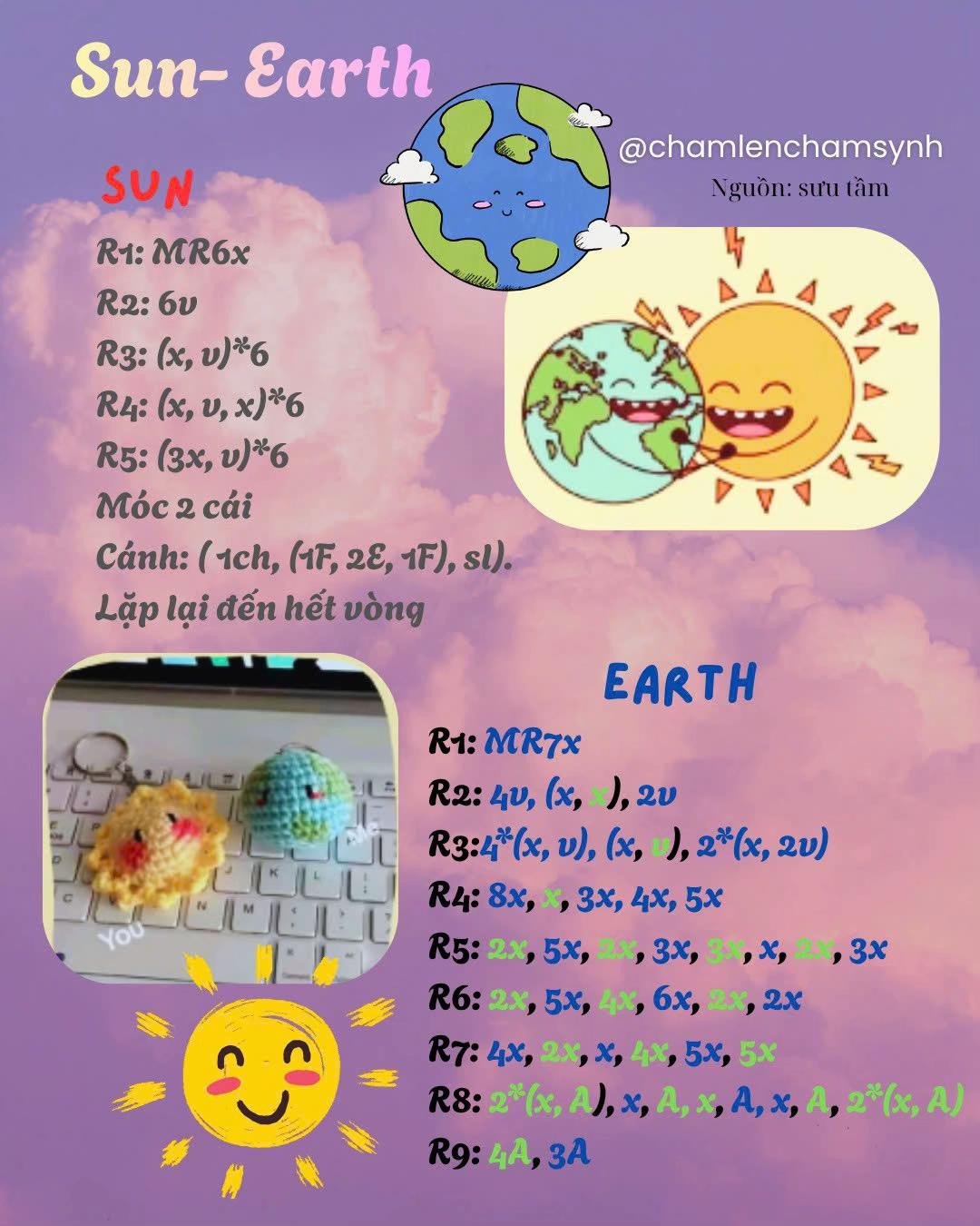 Chart móc len búp bê mặt trời, trái đất và hoa tulip dễ thương