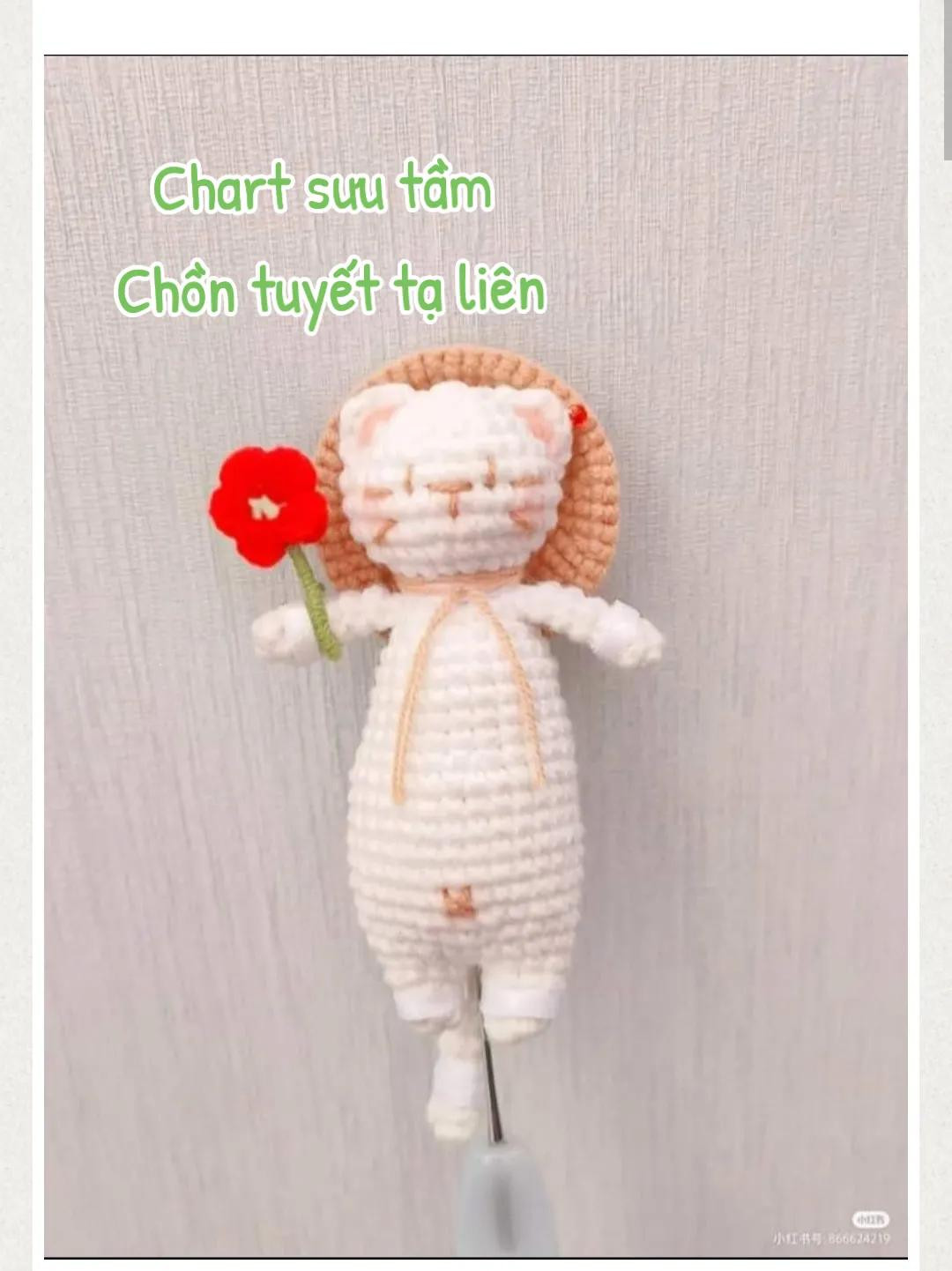 Chart móc len búp bê mèo Chồn tuyết tạ liên đội nón lá và hoa hồng