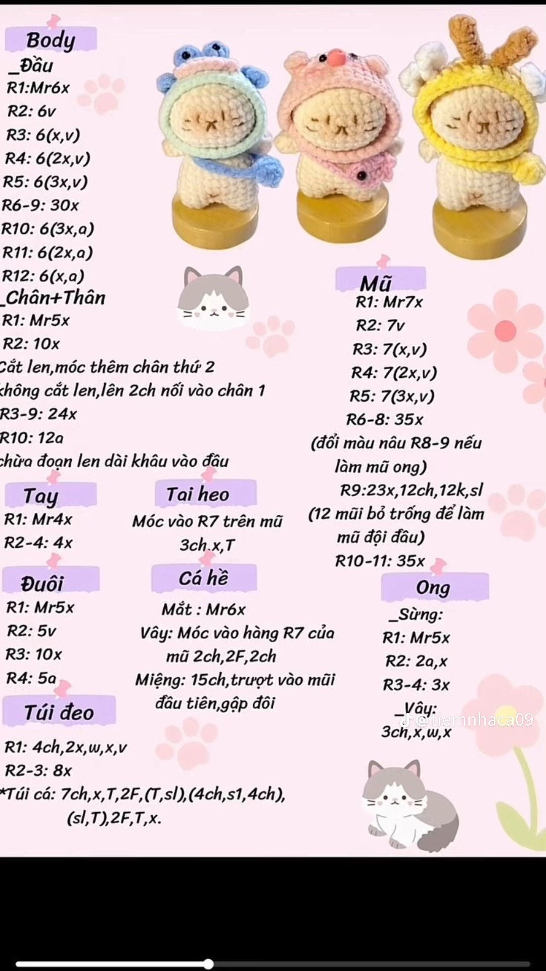 Chart móc len búp bê mèo dễ thương mặc đồ công chúa, heo và hươu