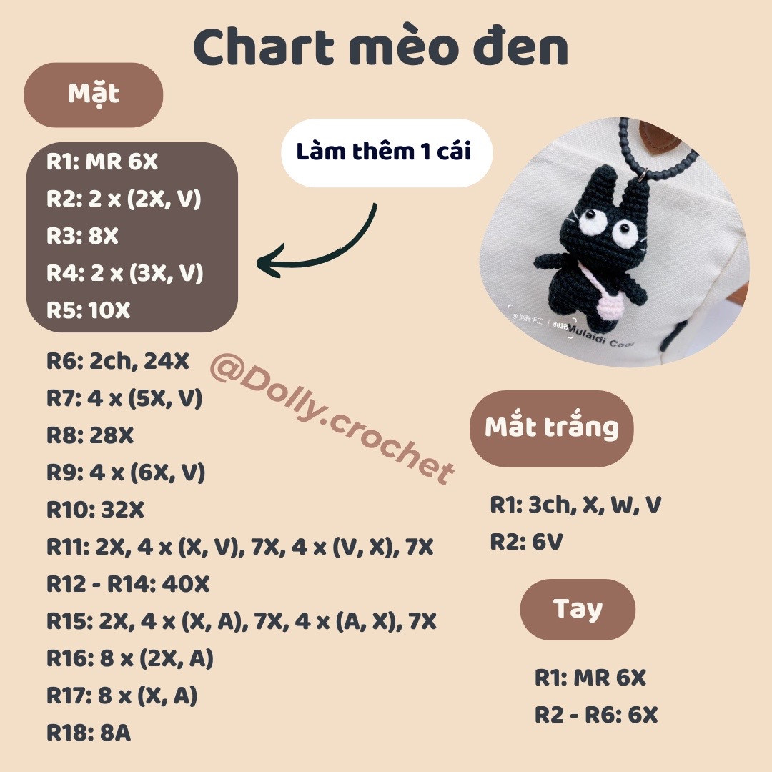 Chart móc len búp bê mèo đen đeo túi hồng