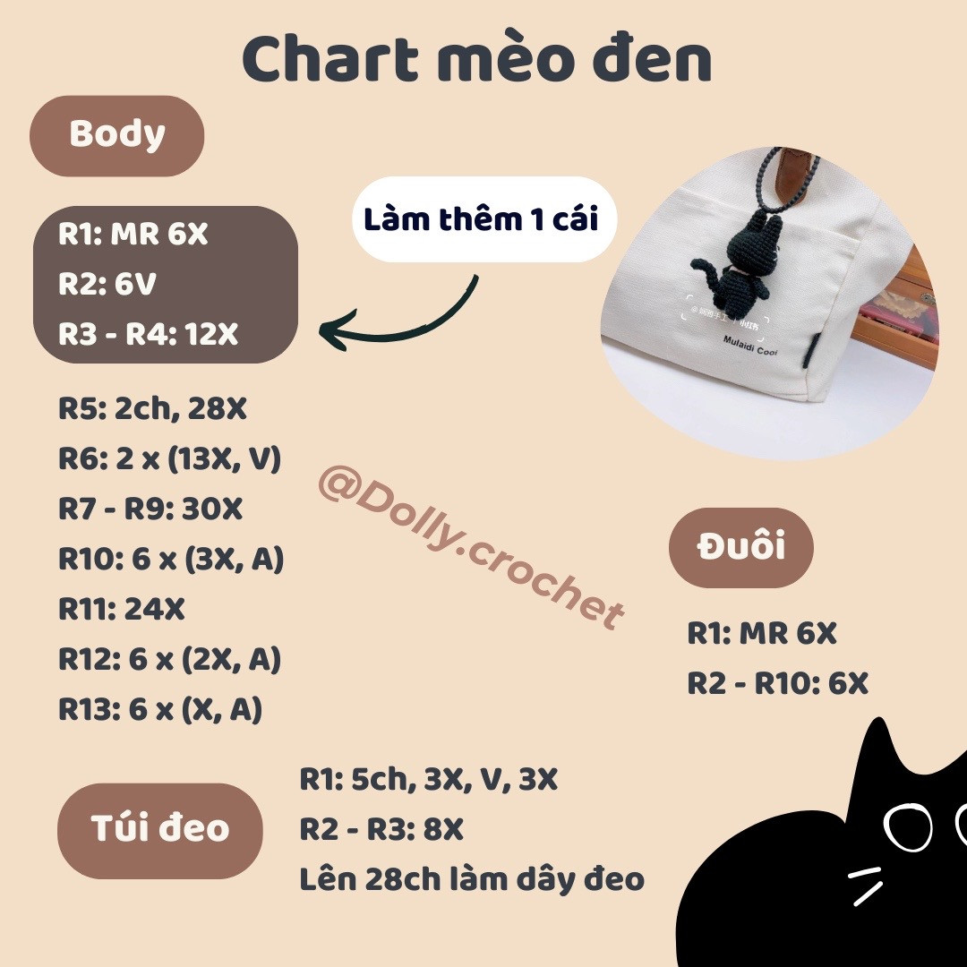 Chart móc len búp bê mèo đen đeo túi hồng