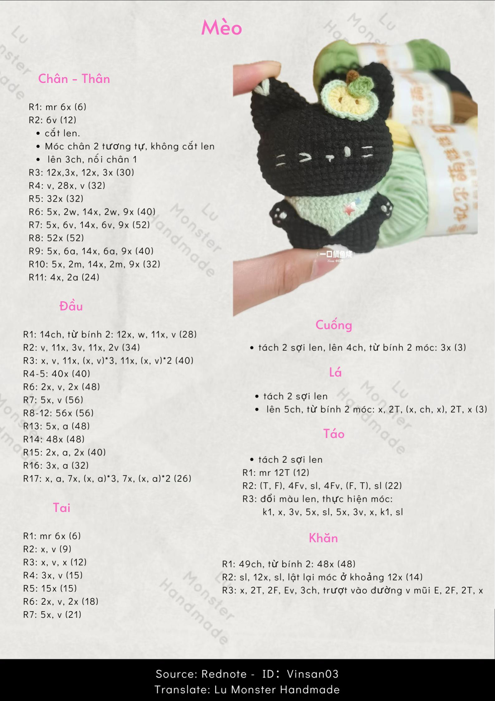 Chart Móc Len Búp bê Mèo Đen Mặc Khăn Xanh