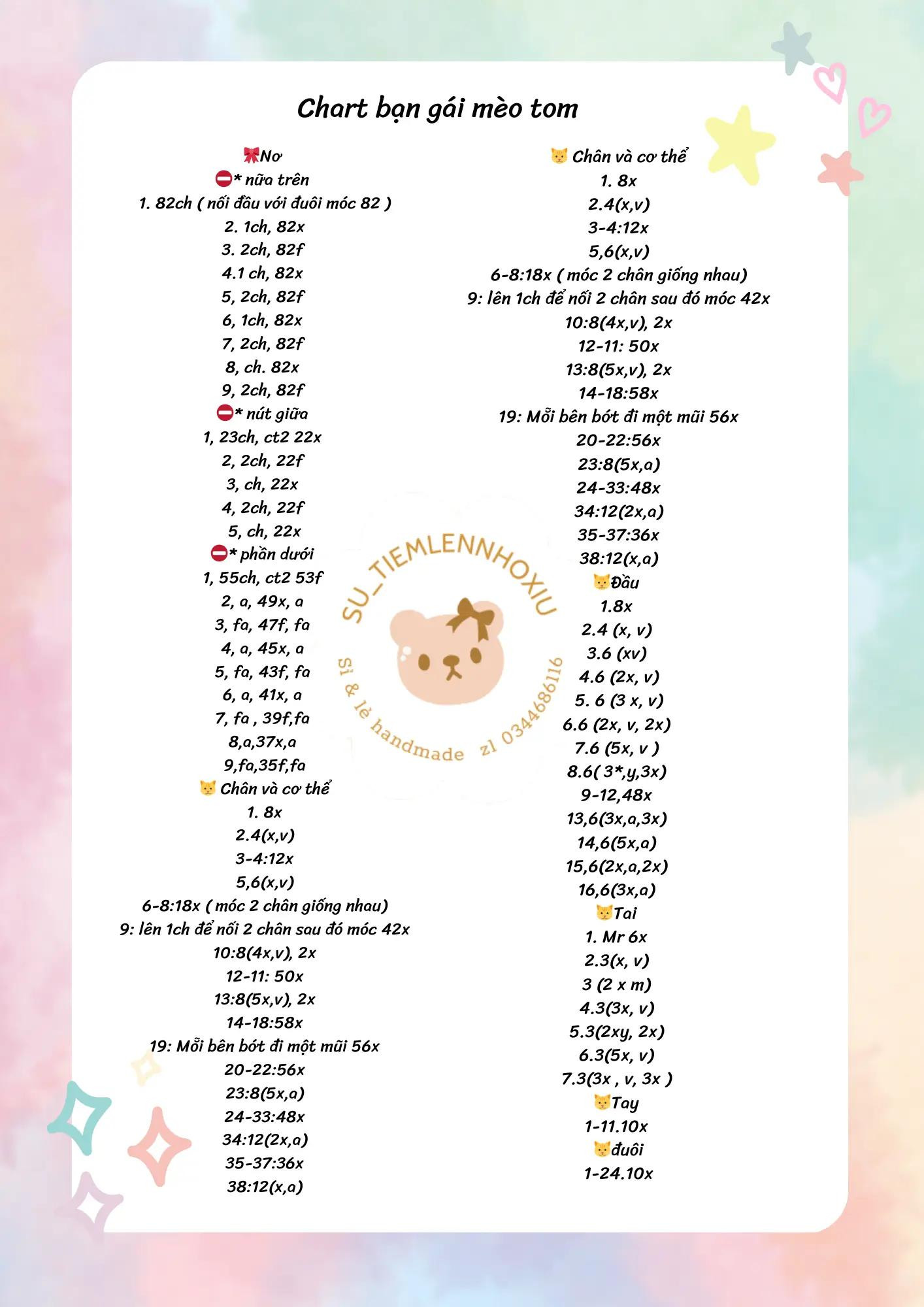 Chart móc len búp bê mèo Tom có nơ màu tím, hướng dẫn chi tiết từng phần cơ thể