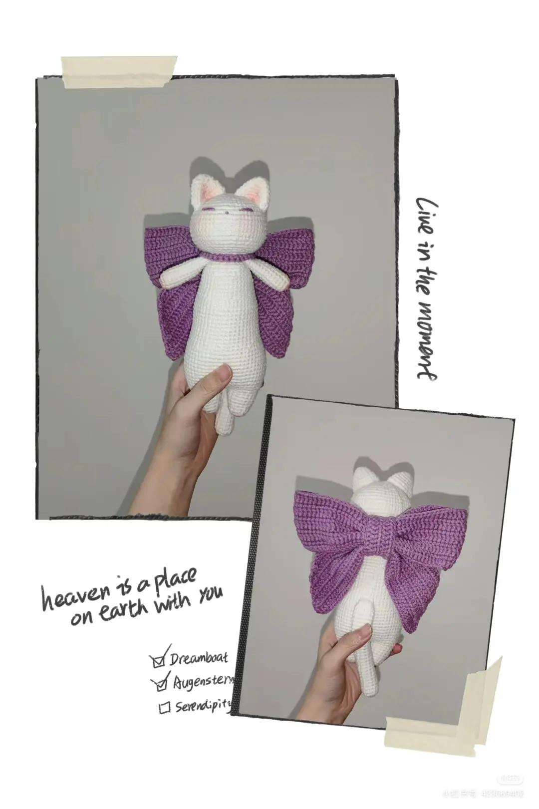 Chart móc len búp bê mèo Tom có nơ màu tím, hướng dẫn chi tiết từng phần cơ thể