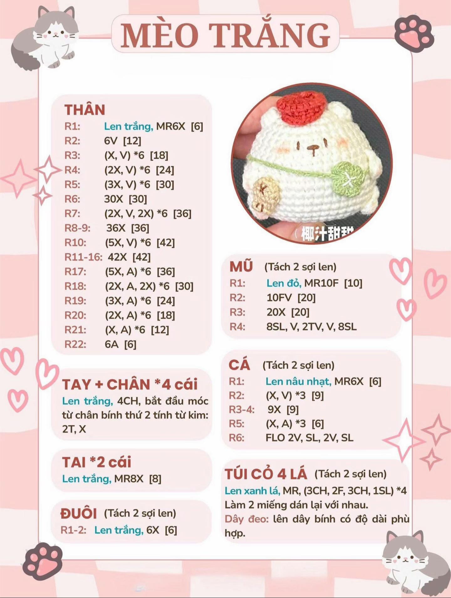 Chart móc len búp bê Mèo Trắng dễ thương
