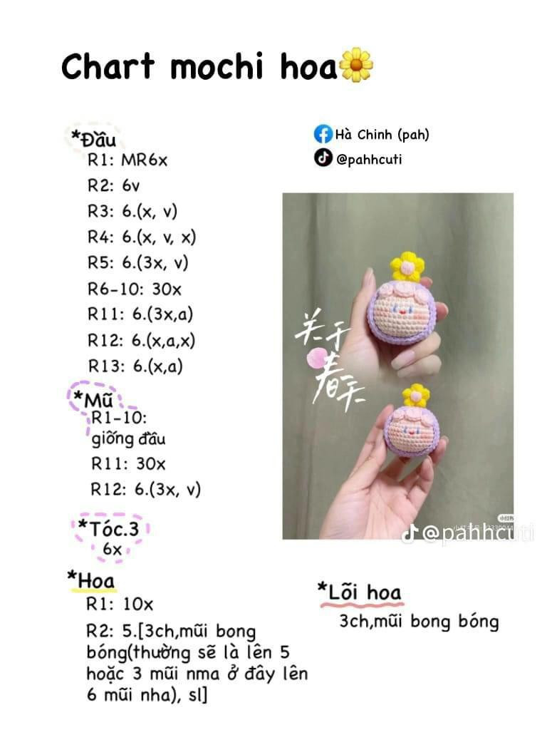Chart móc len búp bê Mochi hoa và Kem dễ thương