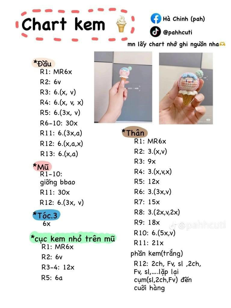 Chart móc len búp bê Mochi hoa và Kem dễ thương