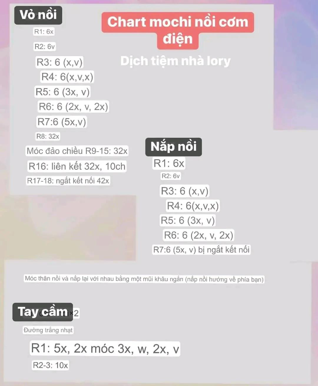 Chart móc len búp bê Mochi tình yêu và nồi cơm điện dễ thương
