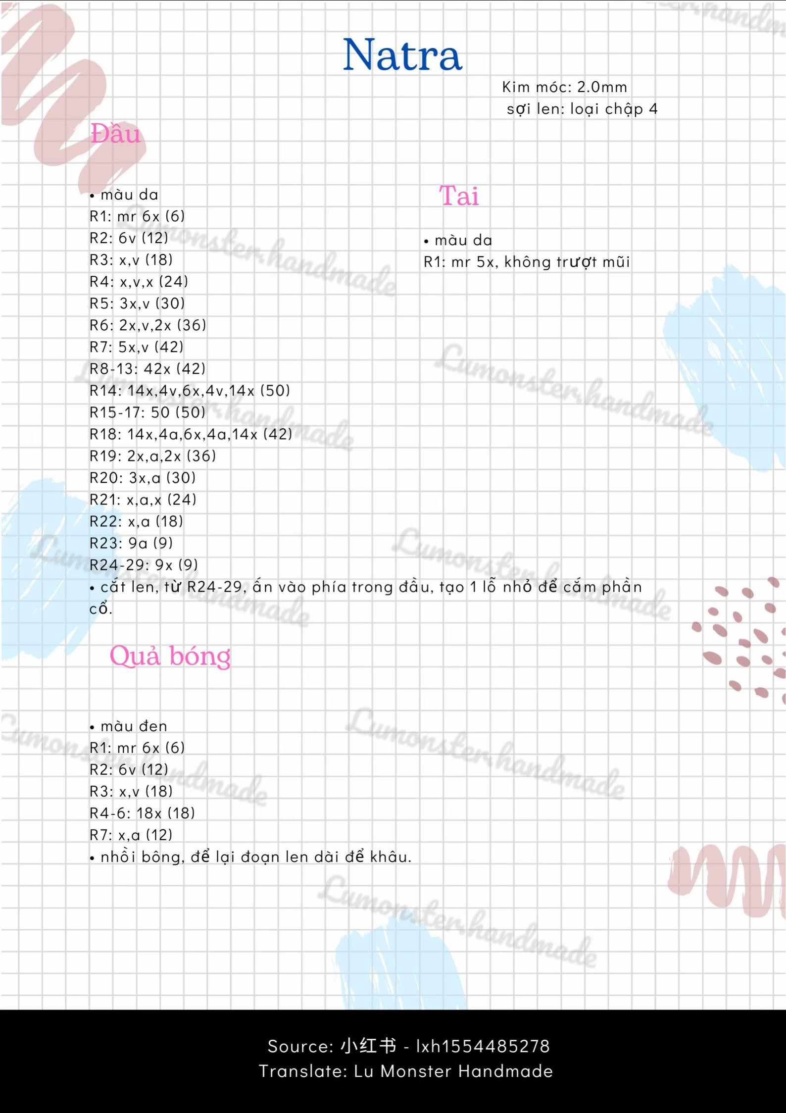 Chart móc len búp bê Natra, hướng dẫn chi tiết từng phần