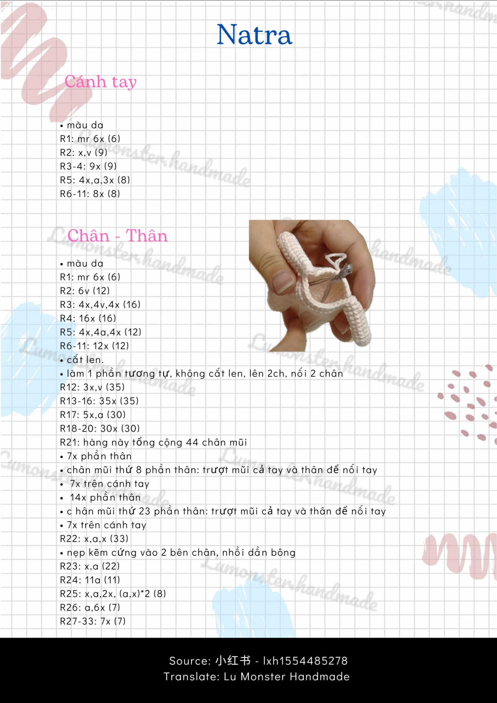 Chart móc len búp bê Natra, hướng dẫn chi tiết từng phần
