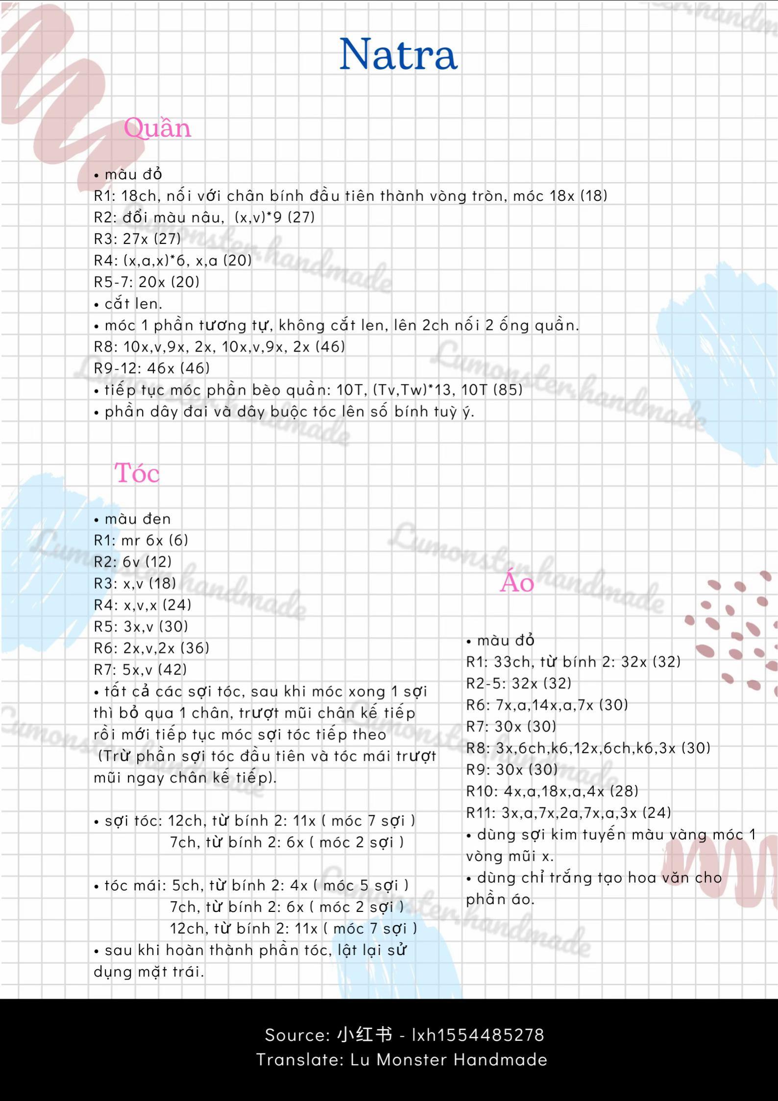 Chart móc len búp bê Natra, hướng dẫn chi tiết từng phần