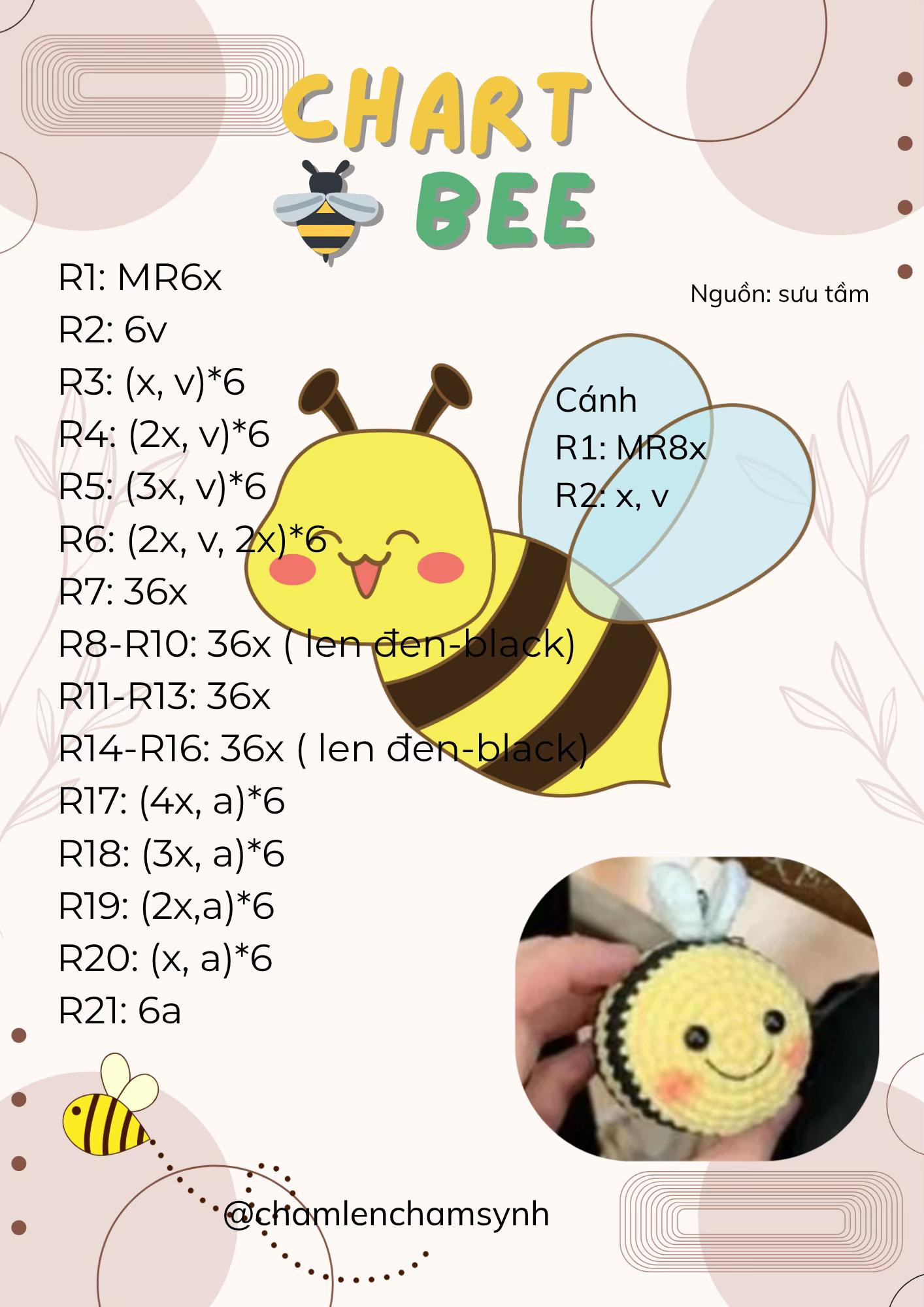 Chart móc len Búp bê Ong mật dễ thương - Hướng dẫn từng hàng