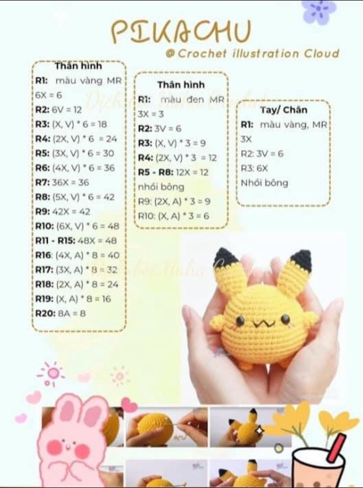 Chart Móc Len Búp bê Pikachu Mochi Dáng Ngủ Dễ Thương