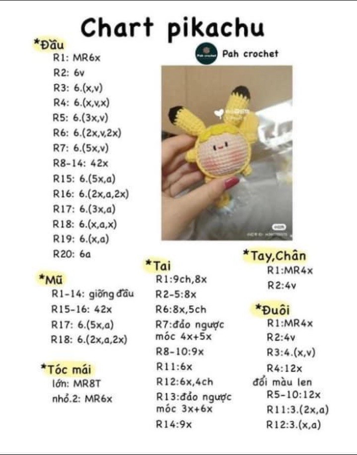 Chart Móc Len Búp bê Pikachu Mochi Dáng Ngủ Dễ Thương