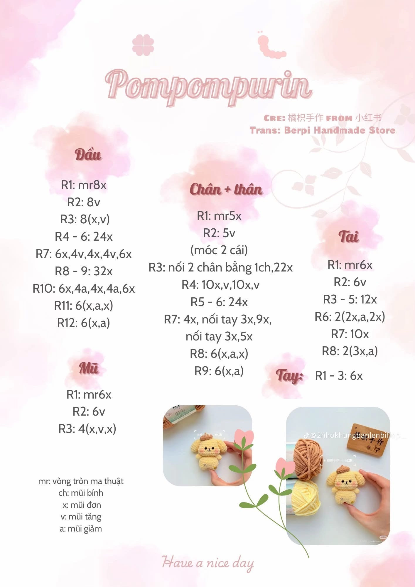 Chart móc len búp bê Pompompurin màu vàng dễ thương