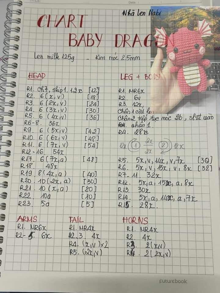 Chart móc len búp bê rồng Baby Dragon màu hồng dễ thương
