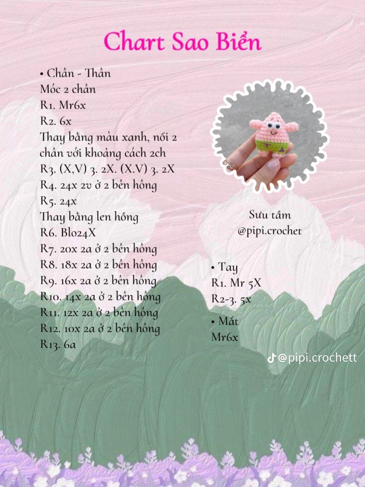 Chart móc len búp bê sao biển Patrick màu hồng xanh