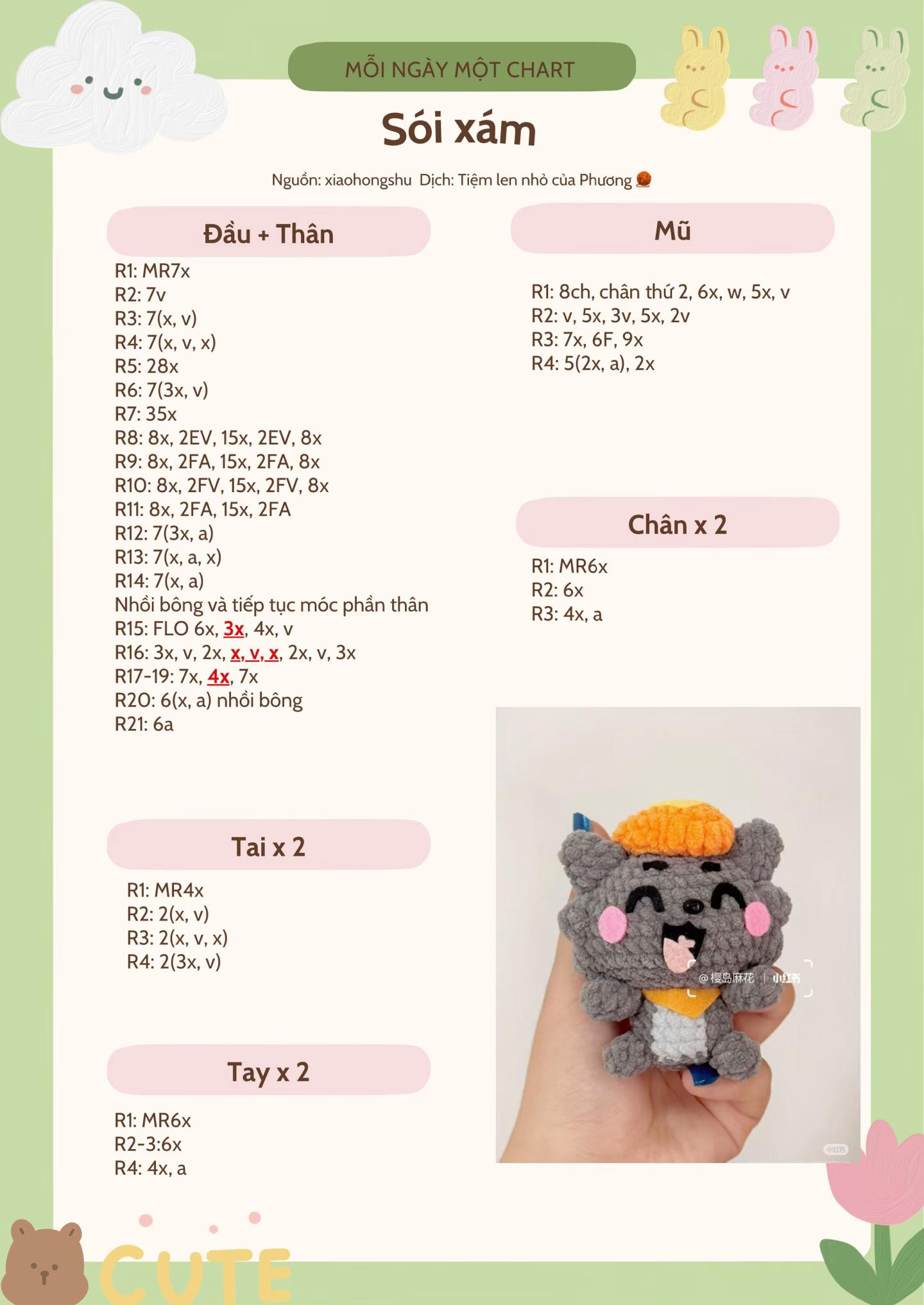 Chart móc len búp bê Sói xám dễ thương, hướng dẫn chi tiết từng phần