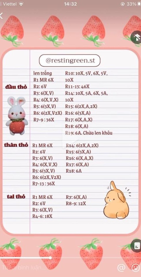 Chart móc len búp bê thỏ cầm dâu tây dễ thương