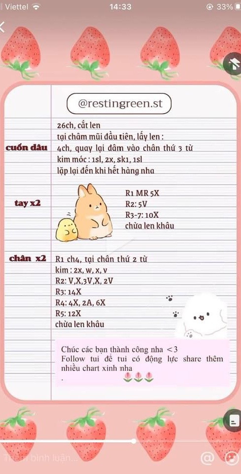 Chart móc len búp bê thỏ cầm dâu tây dễ thương