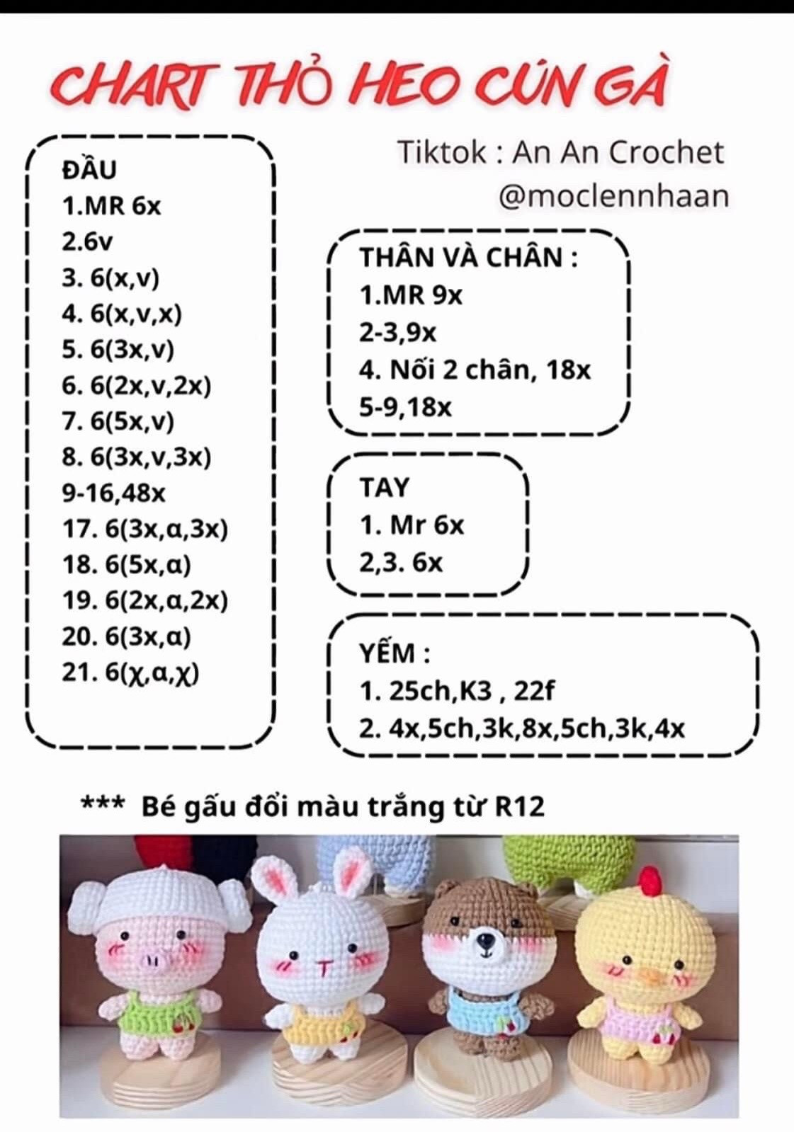 Chart móc len búp bê Thỏ Heo Cún Gà dễ thương