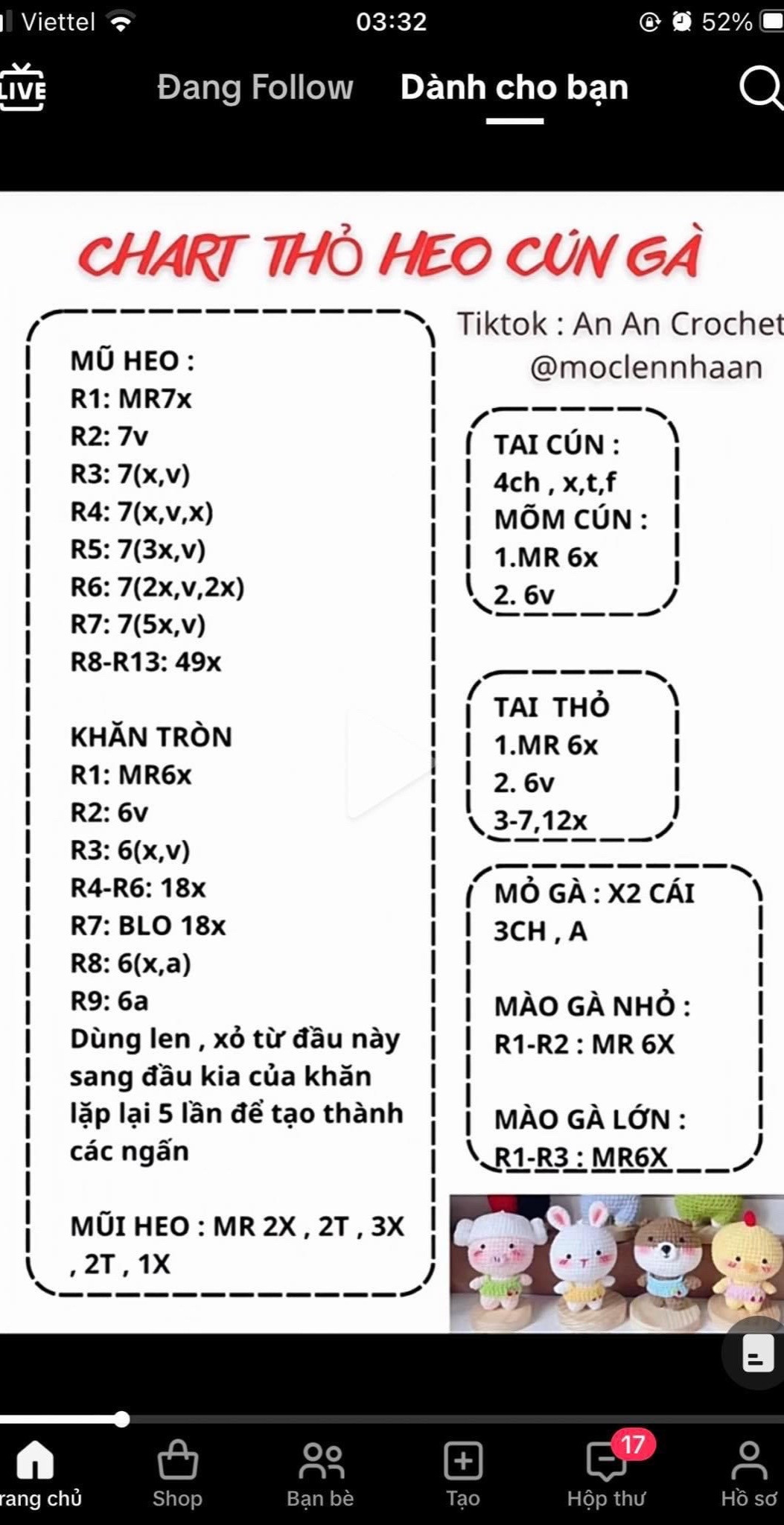 Chart móc len búp bê Thỏ Heo Cún Gà dễ thương